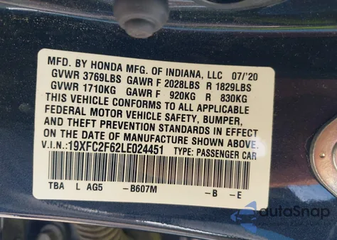 2020 Honda Civic Lx z USA, uszkodzony, nr VIN 19XFC2F62LE024451